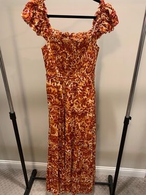 House of Harlow 1960 Rust and Cream Smocked Maxi Dress